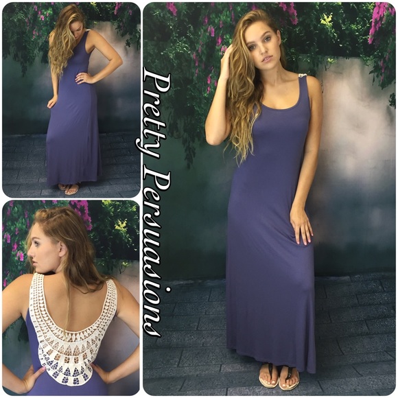 Pretty Persuasions Dresses & Skirts - NWT Scooped Crochet Back Indigo Jersey Maxi Dress