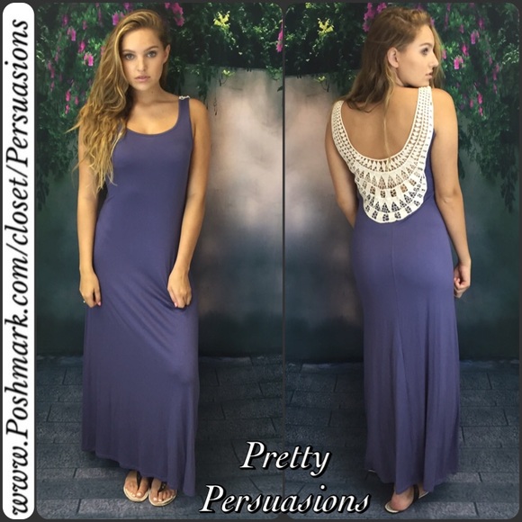 NWT Scooped Crochet Back Indigo Jersey Maxi Dress - Picture 2 of 4