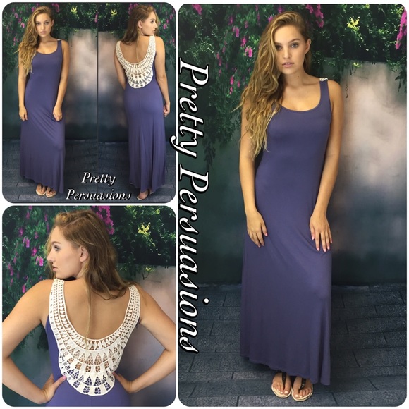 NWT Scooped Crochet Back Indigo Jersey Maxi Dress - Picture 4 of 4