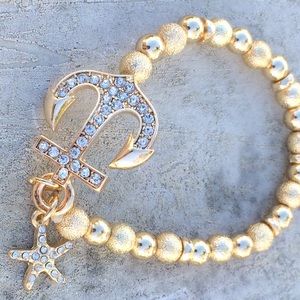 Gold Tone Textured Anchor Starfish Beach Bracelet