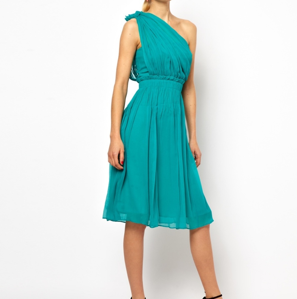 Mango Green Chiffon Drape One Shoulder Silk Dres