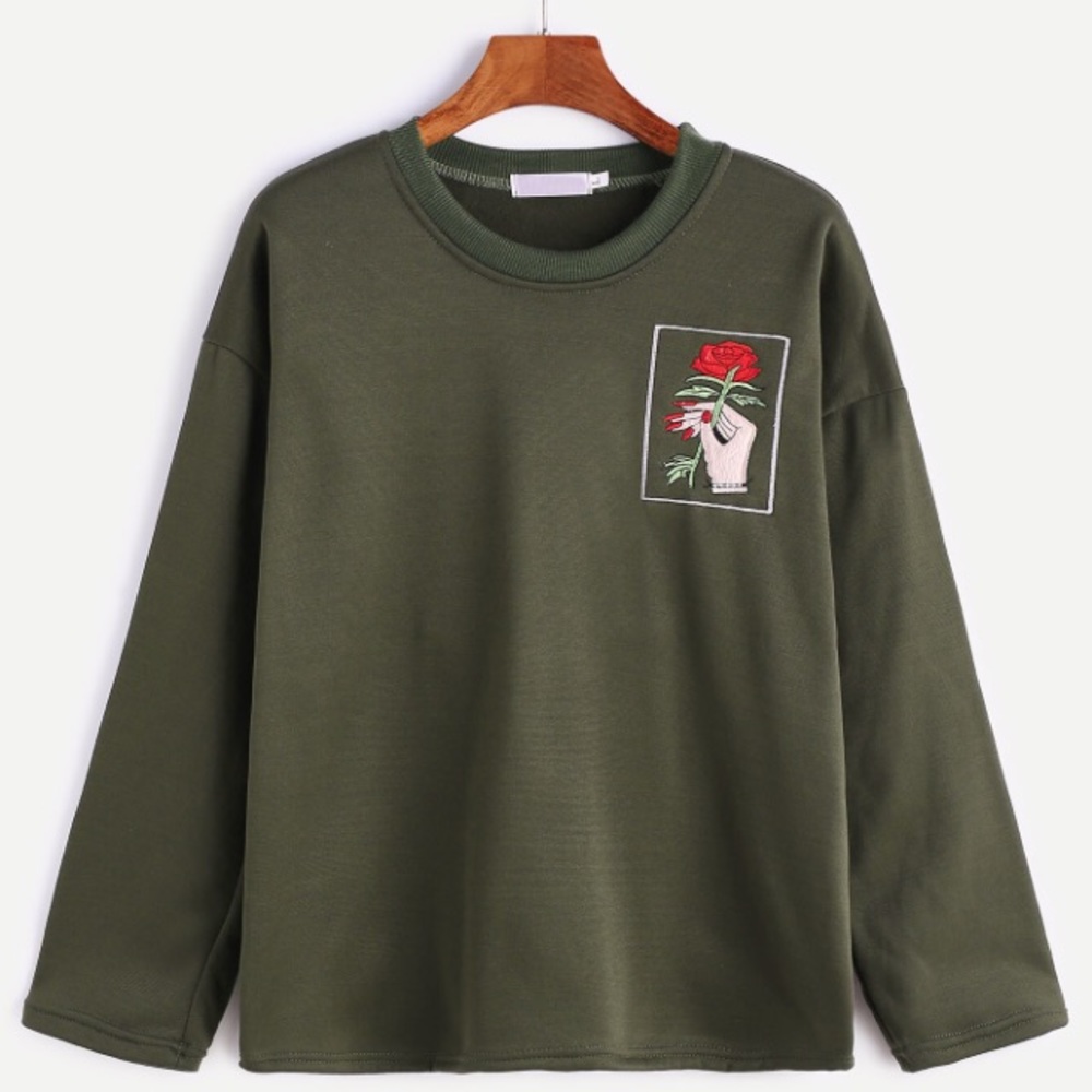 Army Green Hand and Rose Thick T-Shirt