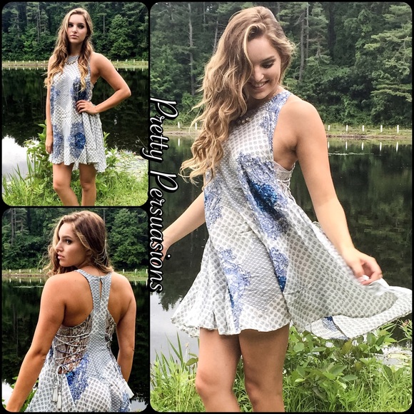 NWT Vintage Print & Lace Blue White Swing Dress - Picture 2 of 3