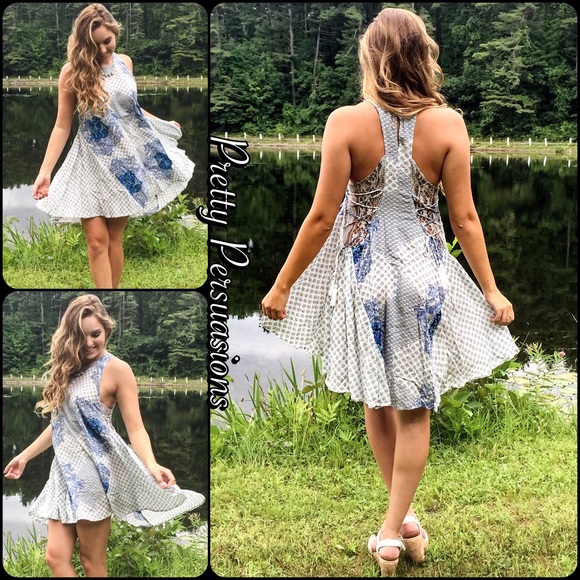 NWT Vintage Print & Lace Blue White Swing Dress - Picture 3 of 3