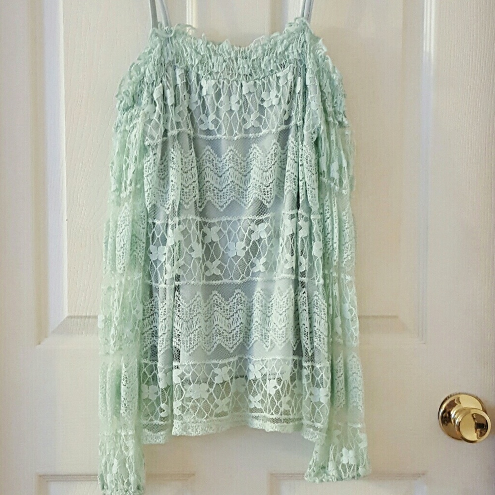 Off The Shoulder Long-Sleeve Lace Top (Mint) - Picture 2 of 3