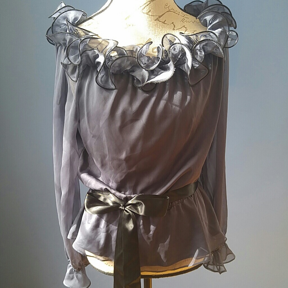 Ink colored ruffle neck silk blouse