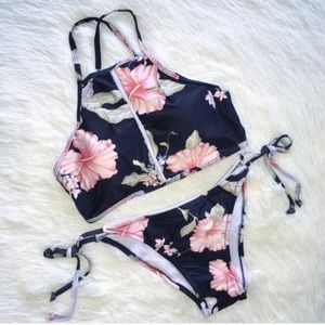 Black Floral High Neck Bikini