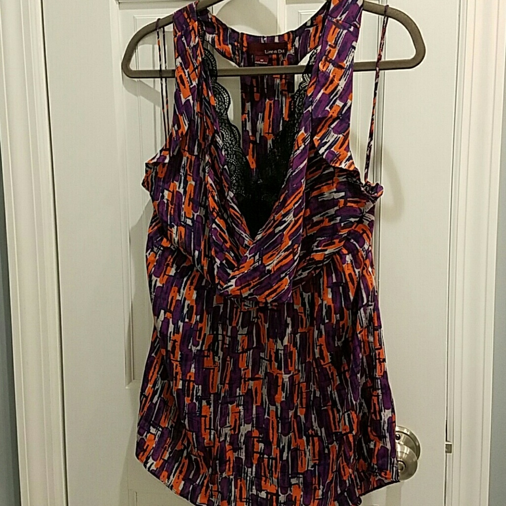 Racerback silk blouse with black lace detail