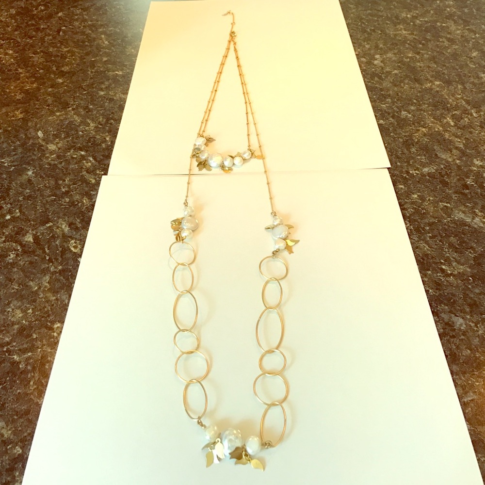 Anthropologie long gold necklace w/peals