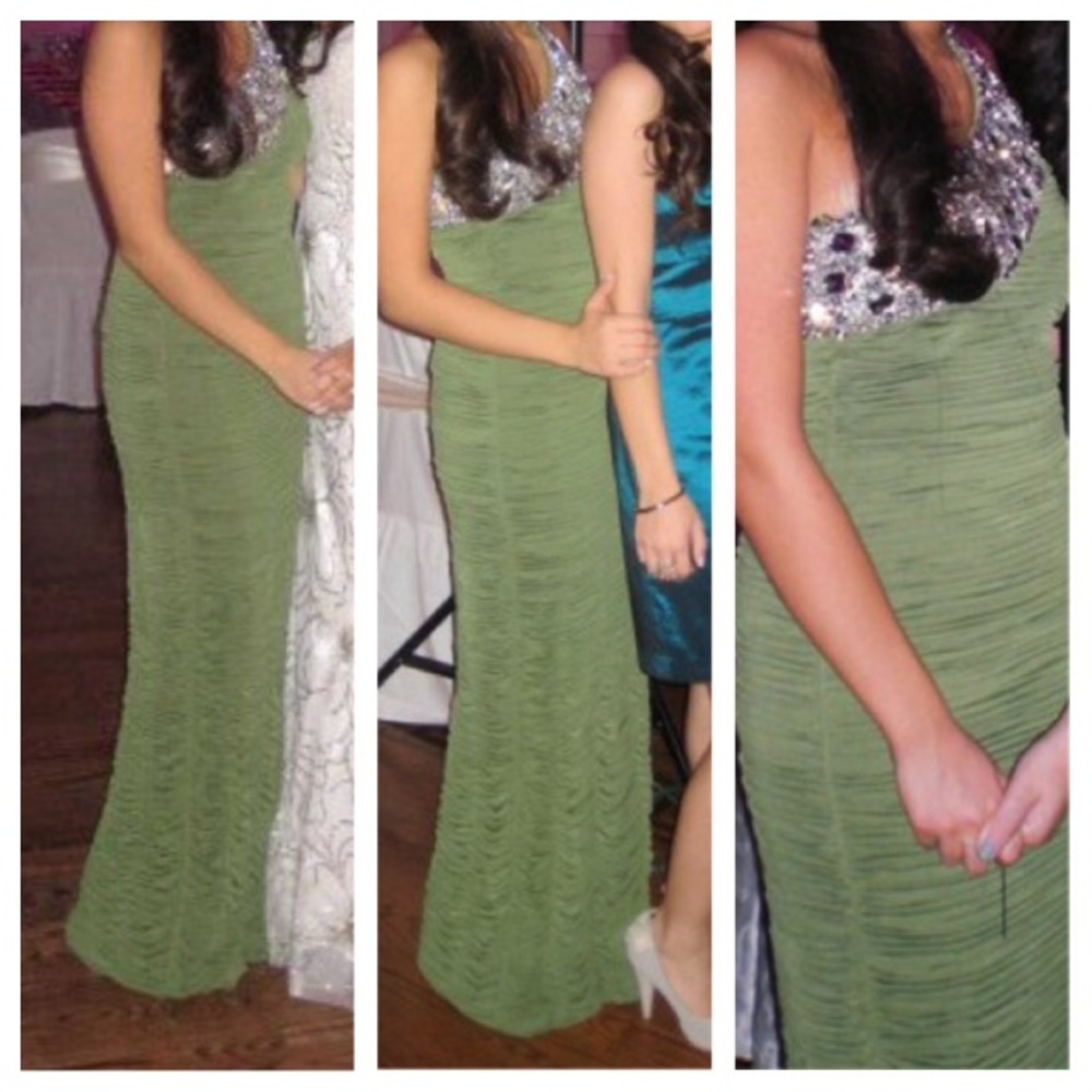Elegant one shoulder Jovani olive green dress
