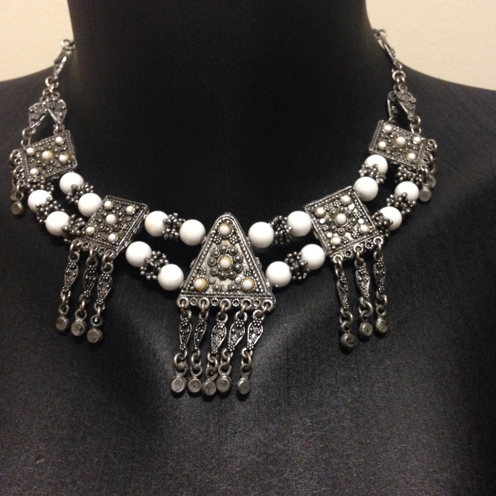 Antique Silver & White Beads Statement Necklace