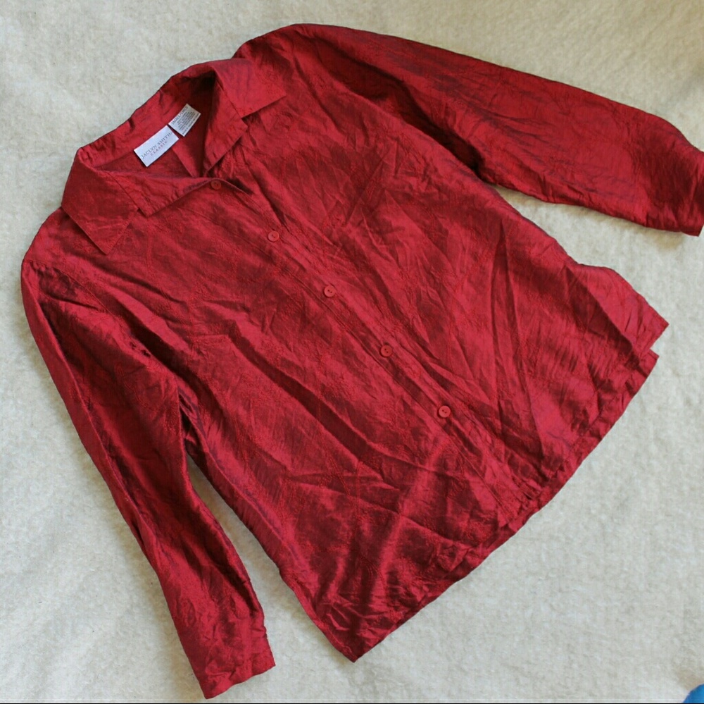 Holiday Perfect! Red Silk Embroidered Blouse