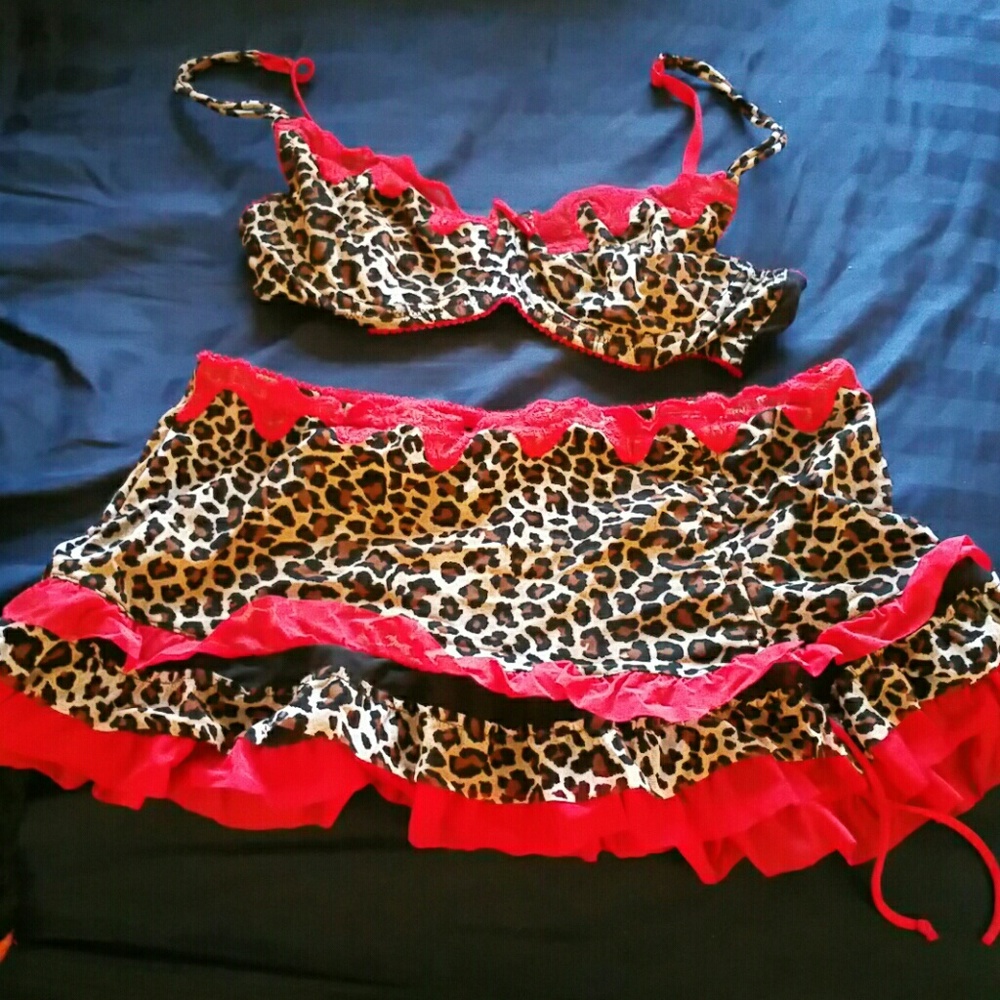 Red and leopard lingerie set
