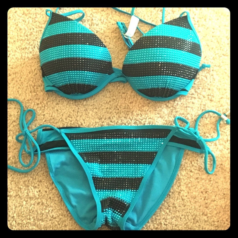 Blue & black rhinestone bikini!!