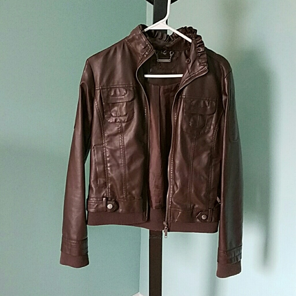 Brown leather-like jacket with ruffle neck detail