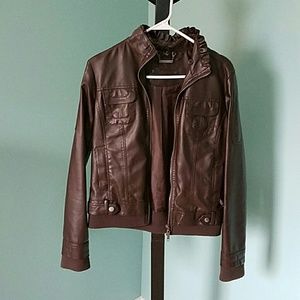 Brown leather-like jacket with ruffle neck detail