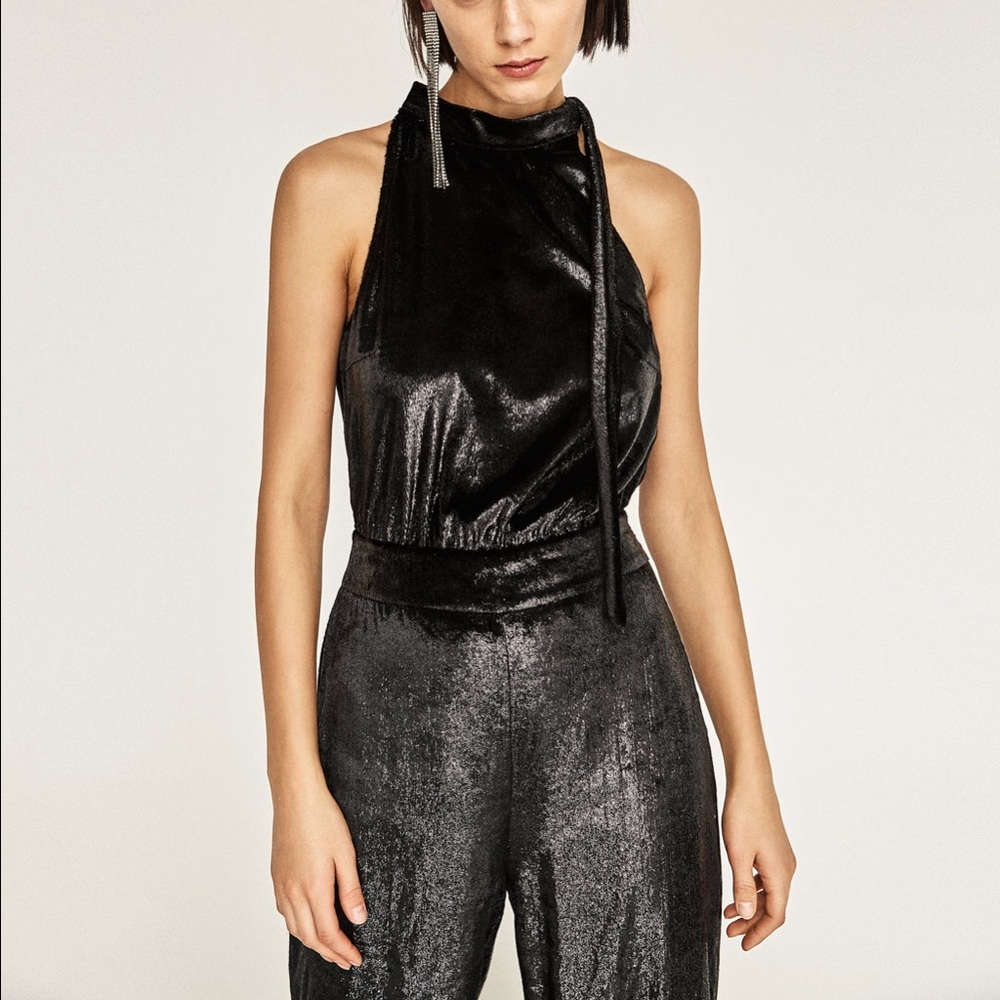 Zara Velvet Shiny Black Jumpsuit