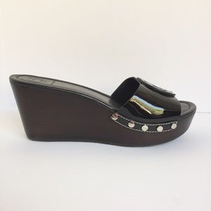 Tory Burch Black Patent Leather Wedge Slide
