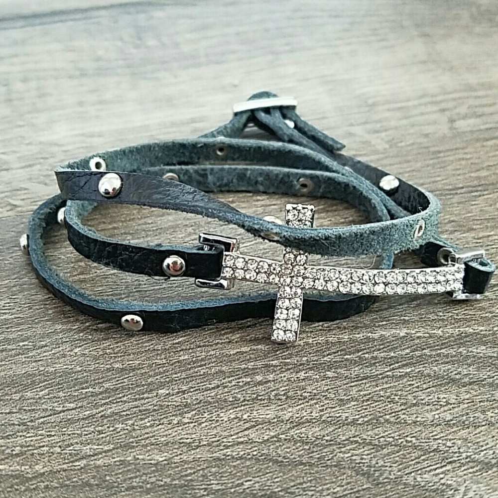Leather cross triple wrap bracelet