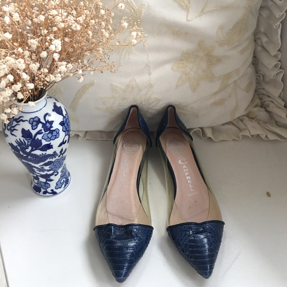 Jeffrey Campbell blue faux snake skin flats
