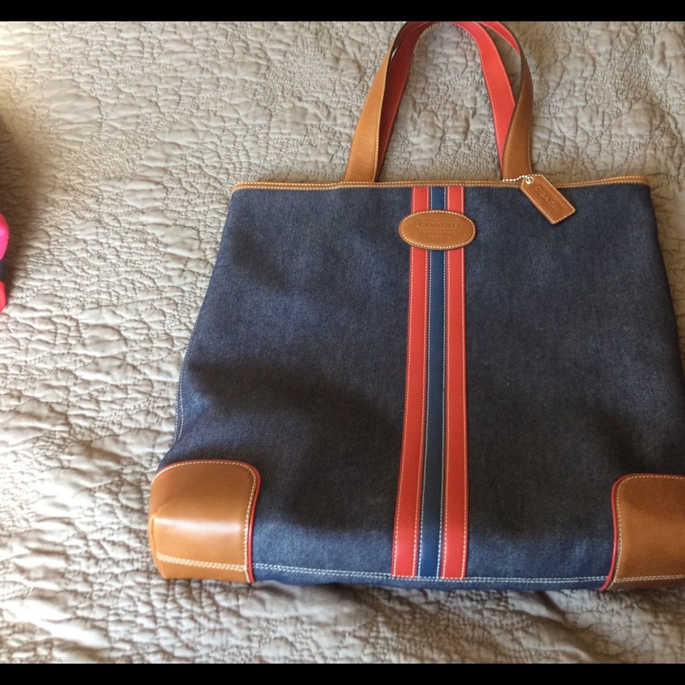 Coach tote bag, denim with leather trim