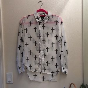 White see through cover up shirt with black cross