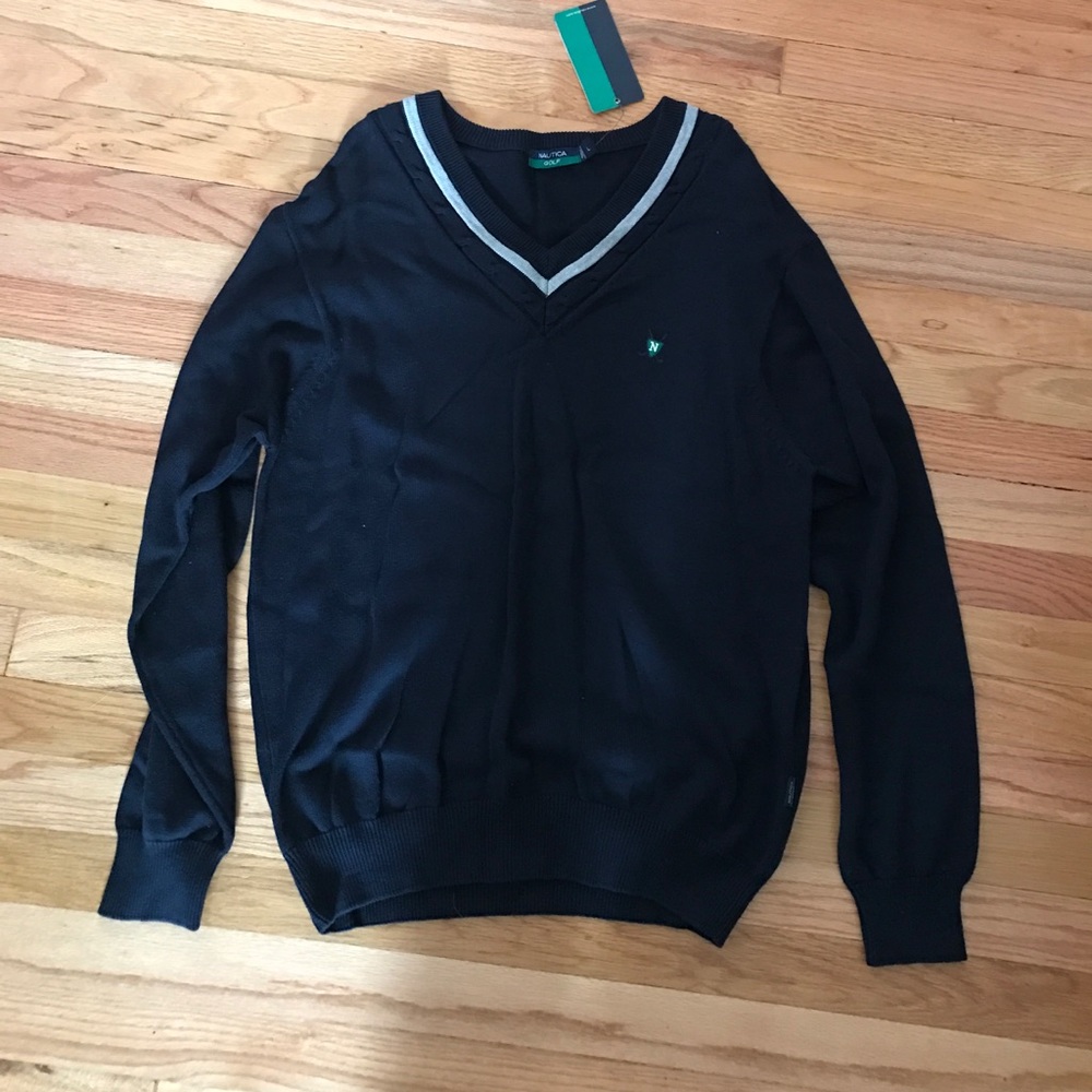 Navy blue v-neck sweater.