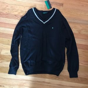 Navy blue v-neck sweater.