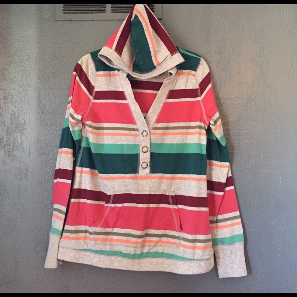 Hooded Striped Long Sleeve Tee w Front Pocket
