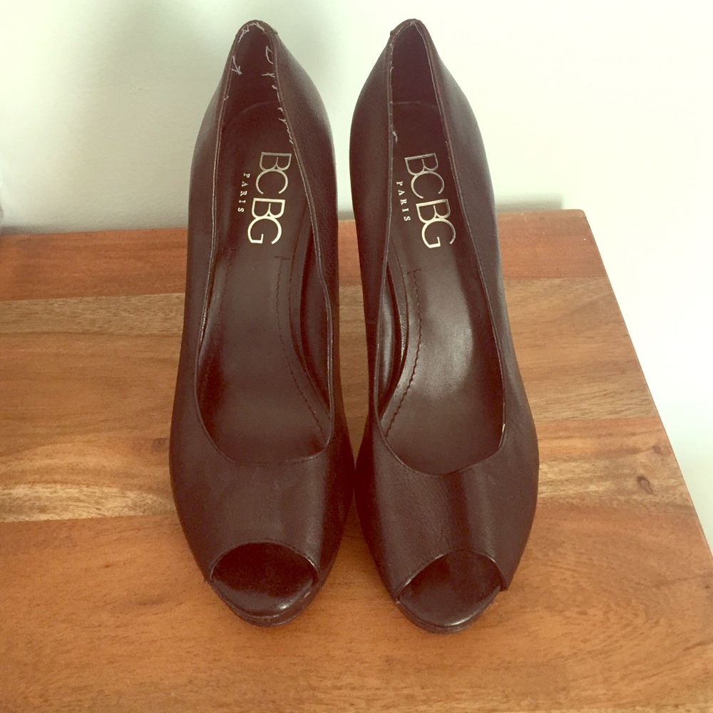BCBG black peep toe pumps