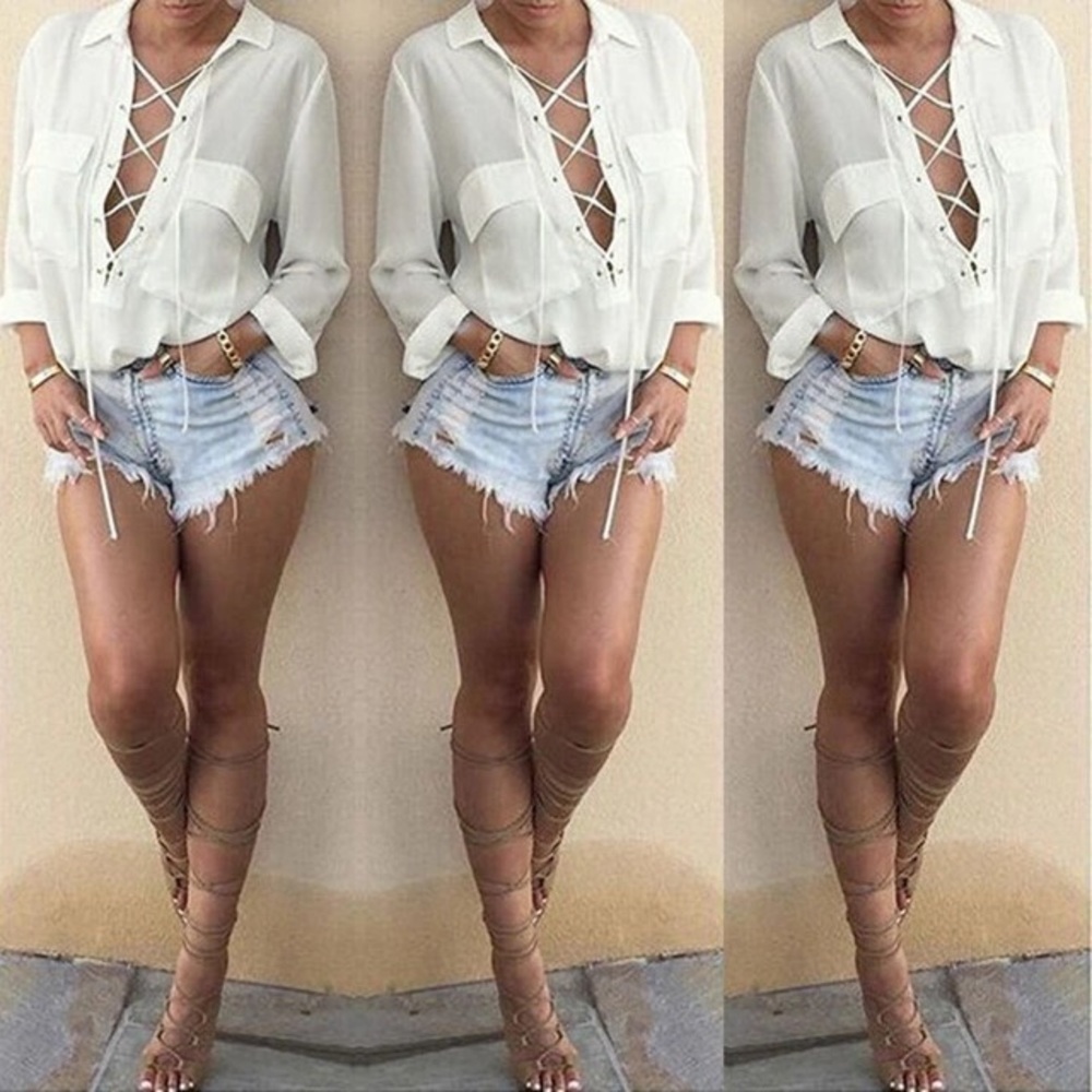 NEW! Lace up white blouse - Picture 1 of 8