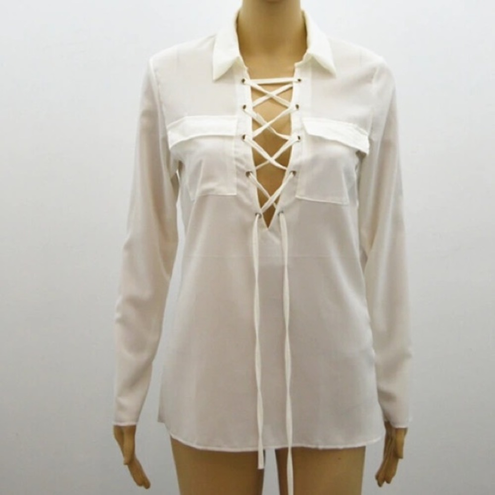 NEW! Lace up white blouse - Picture 2 of 8