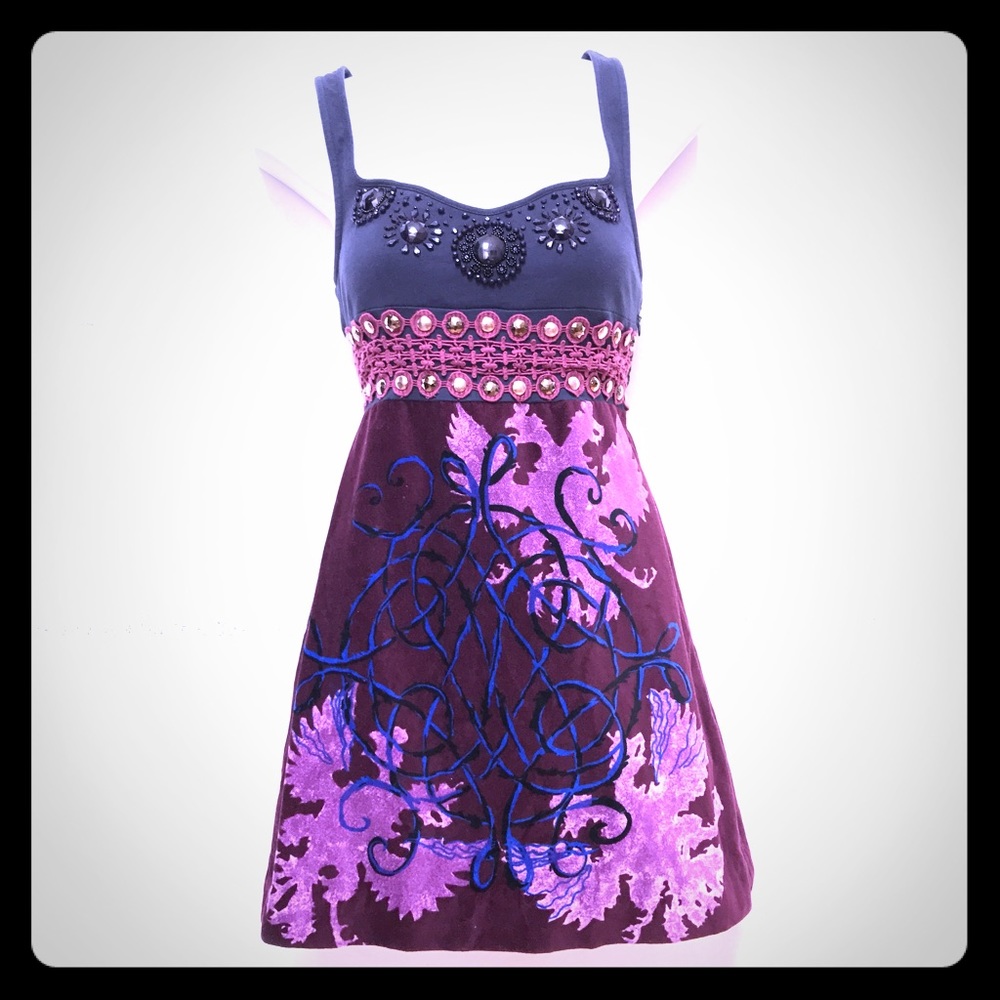 Free People Empire Waist Embellished Mini-Dress XS