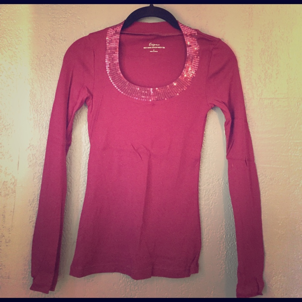Sequin Neckline Long Sleeve Top