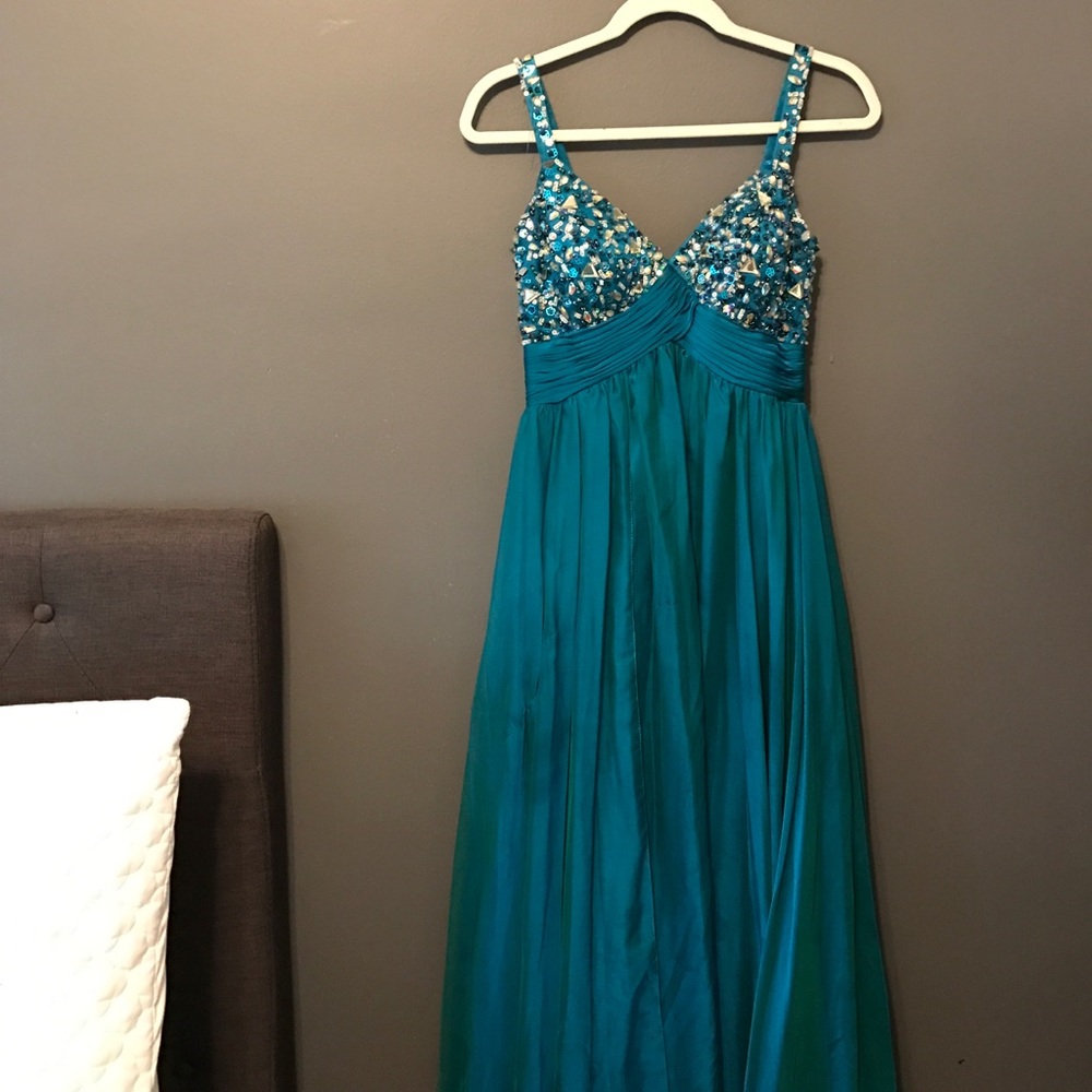 Beautiful teal with rhinestones top long gown