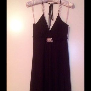 Black jersey halter dress with attached jewelry