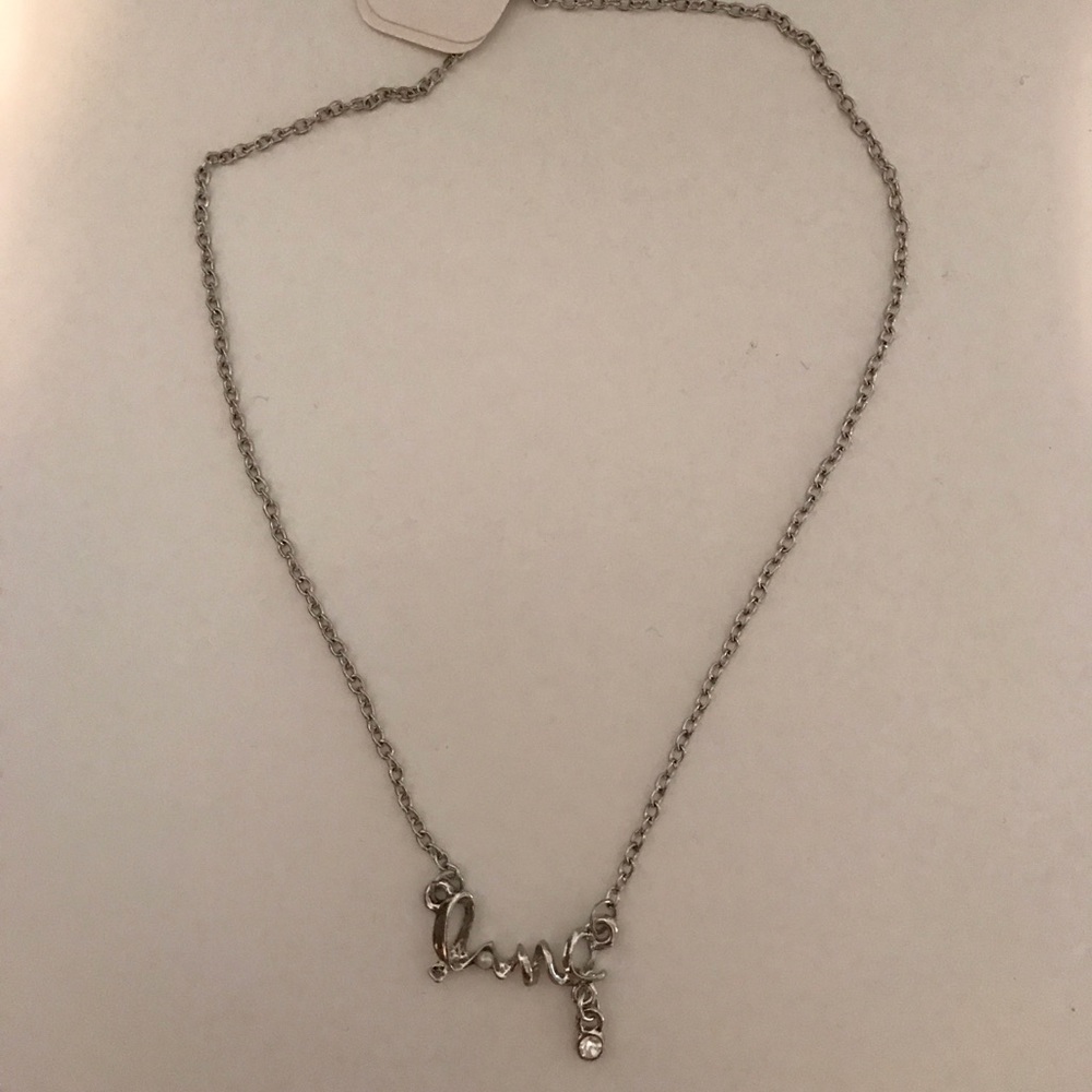 Love script silver tone necklace cubic zirconia