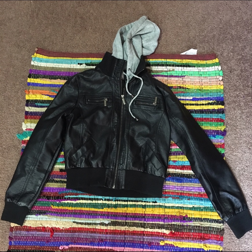 Black leather jacket with hood