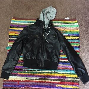 Black leather jacket with hood