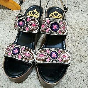 Pink & purple bead detail wedge sandals