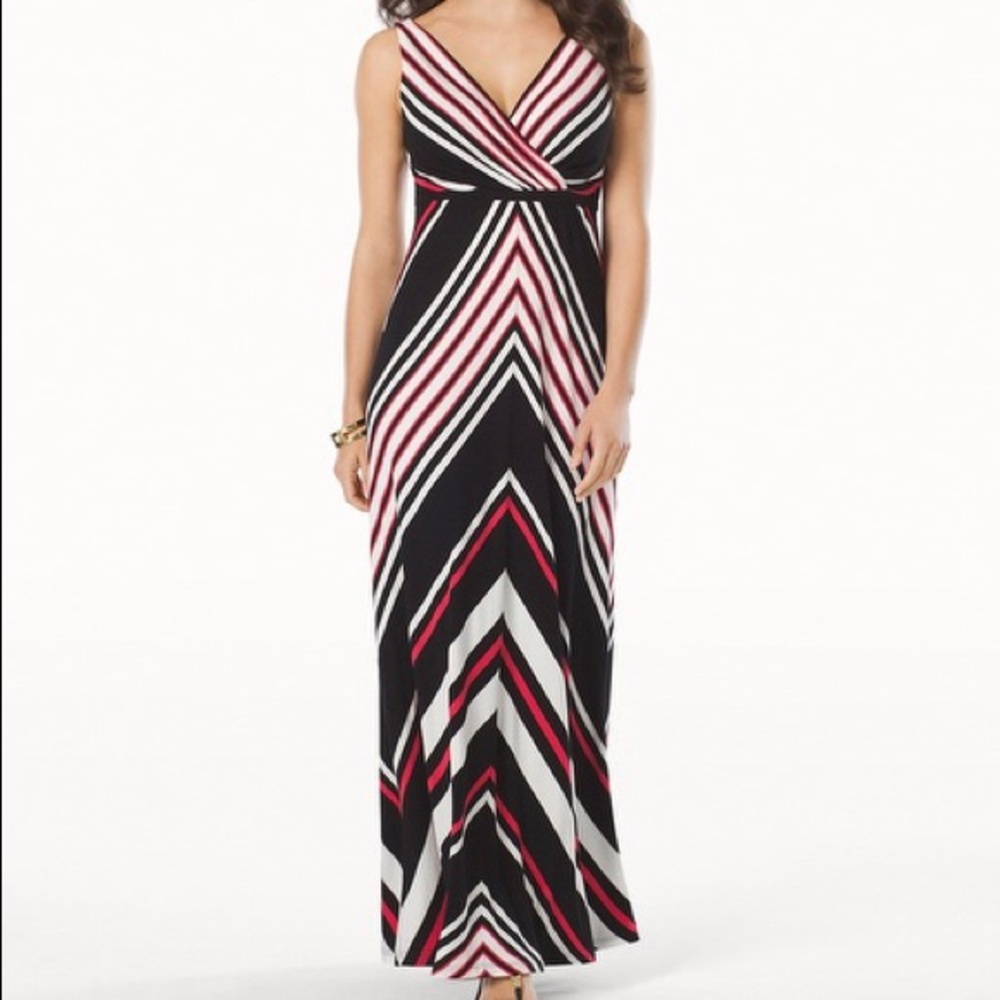 Black, pink, and white striped maxi dress