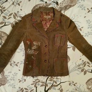 RAW 7 DISTRESSED LEATHER FRAYED TATTOO BLAZER