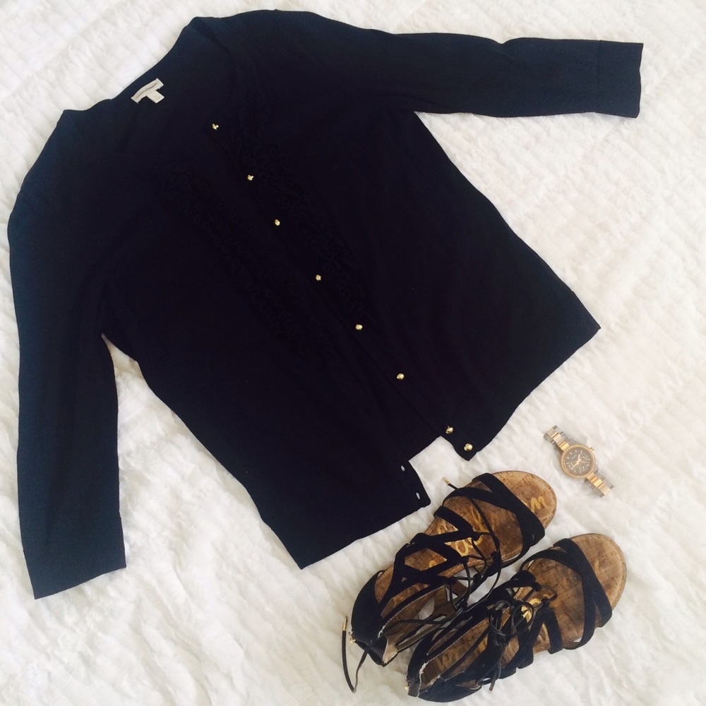 Talbots | Black Ruffle Cardigan with Gold Buttons - Picture 2 of 5