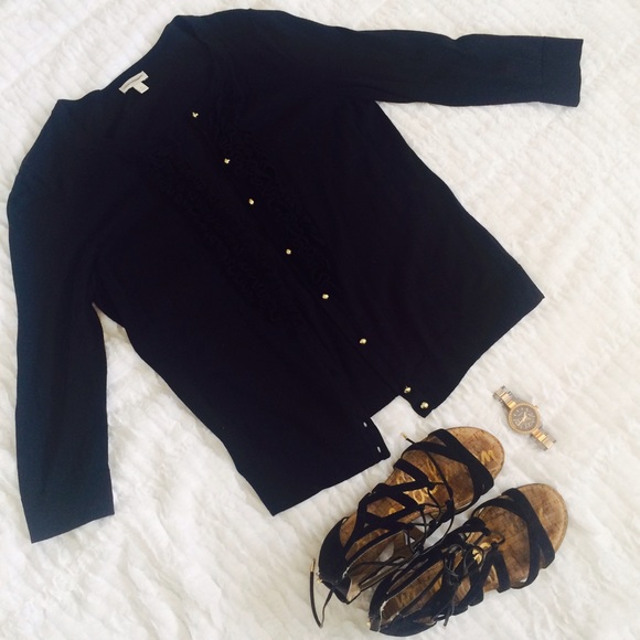 Talbots | Black Ruffle Cardigan with Gold Buttons - Picture 2 of 5