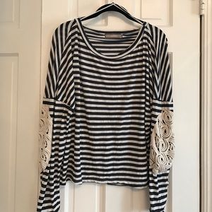 Striped Blue/White Top with Lace Patch on Elbows