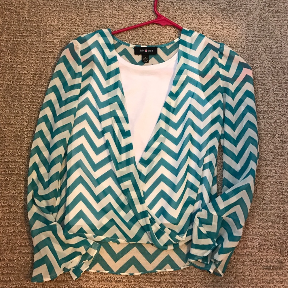 Turquoise, white blouse