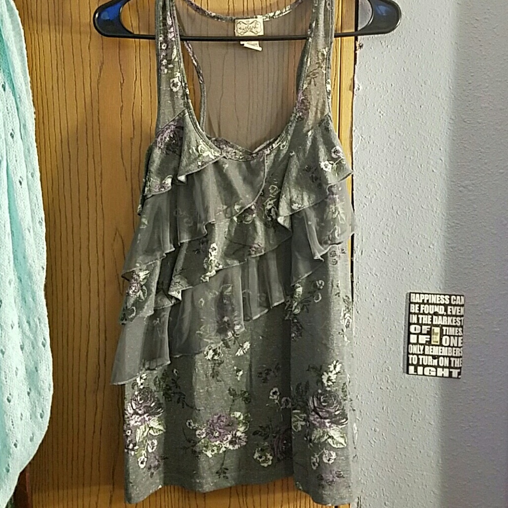 Grey floral ruffle tank top
