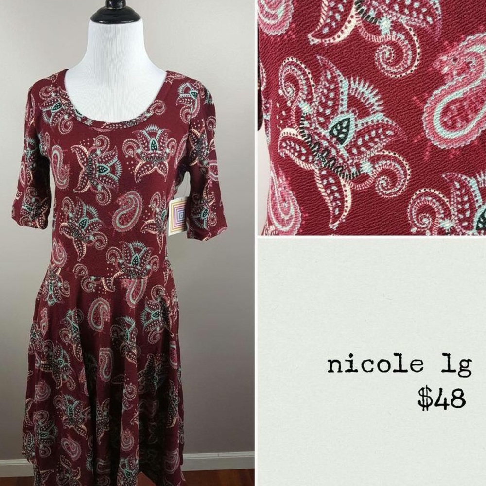 Worn once LuLaRoe Nicole dress L paisley dark red