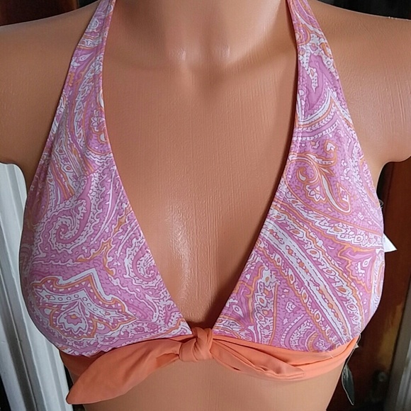 NWT Ralph Lauren Paisley Pink Orange halter padded swim top 14 - Picture 2 of 5