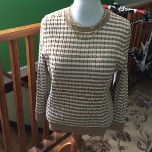 Talbots Tan and cream sweater with necklace